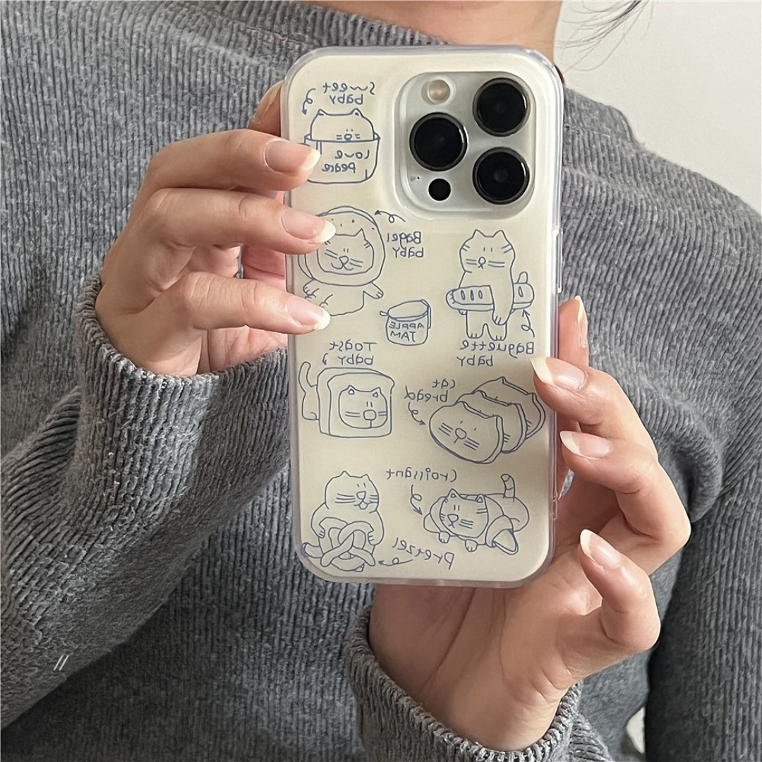 Minimal Doodle Cat iPhone Case Cute Blue Sketch Line Art Cover