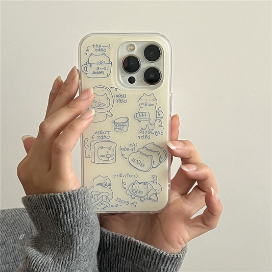 Minimal Doodle Cat iPhone Case  Cute Blue Sketch Line Art Cover