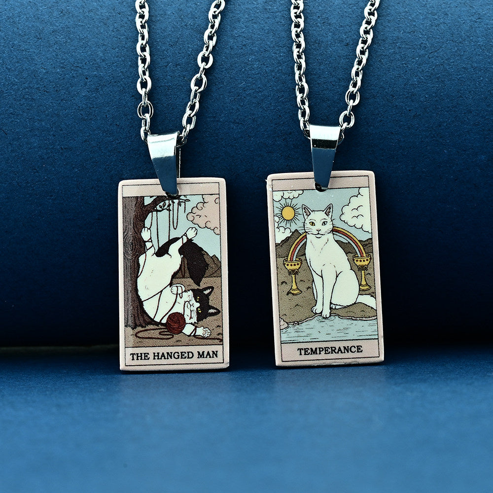 Vintage Cat Tarot Card Pendant Necklace