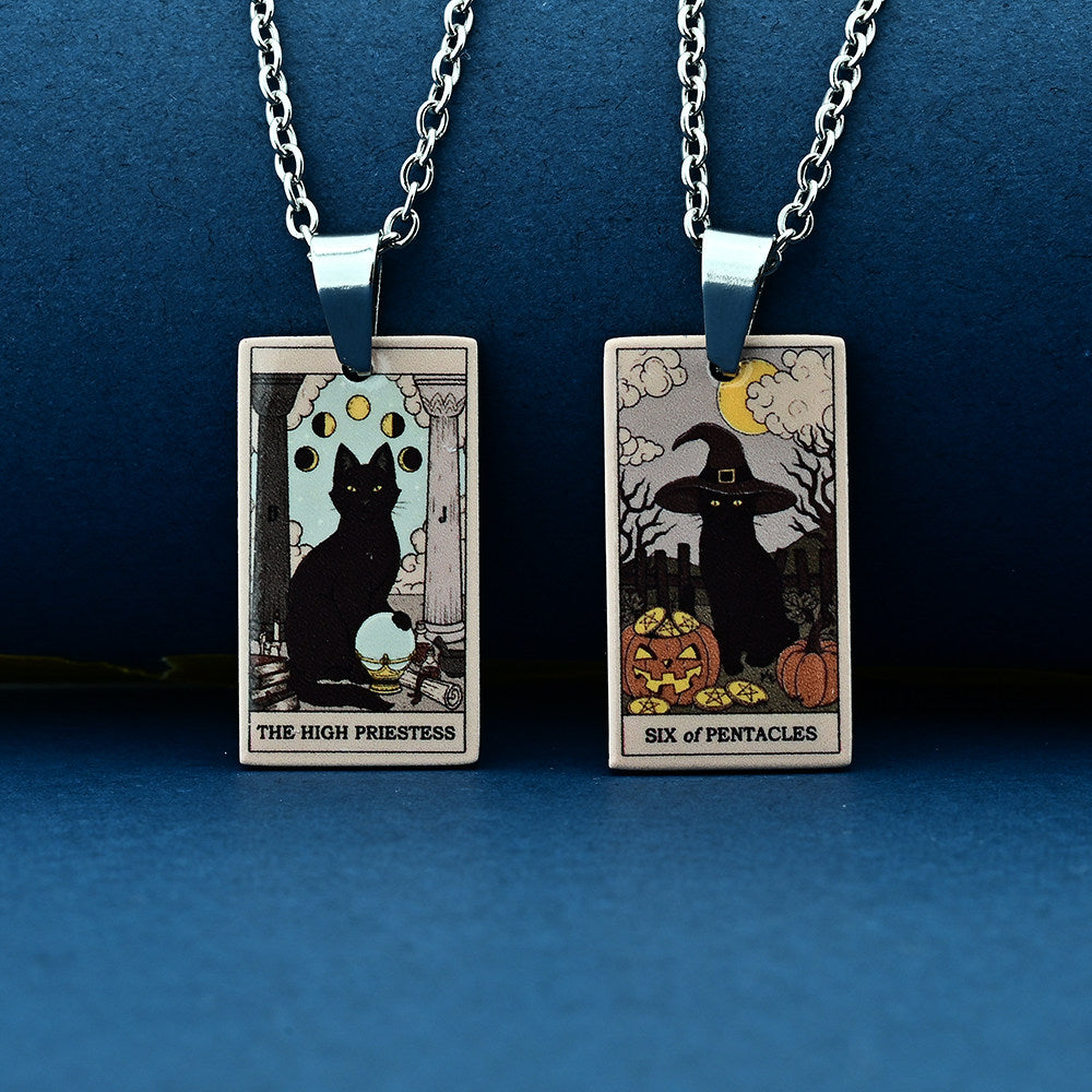 Vintage Cat Tarot Card Pendant Necklace