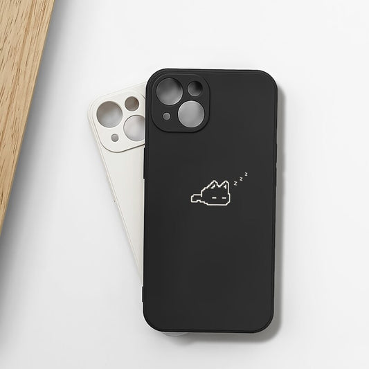 Sleepy Pixel Cat iPhone Case  Minimal Black Aesthetic Phone Cover