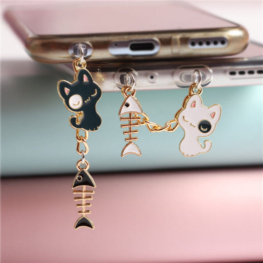 Cute Black & White Cat Phone Dust Plug Charm