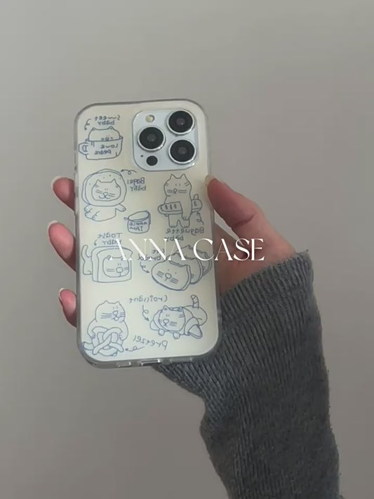 Minimal Doodle Cat iPhone Case  Cute Blue Sketch Line Art Cover